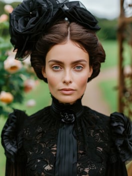 Elegant woman in black lace dress and hat photo