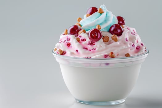 Delicious frozen yogurt dessert with fresh cherries and crunchy granola photo