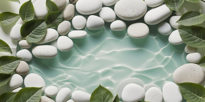 A circle of stones surrounded by green leaves photo