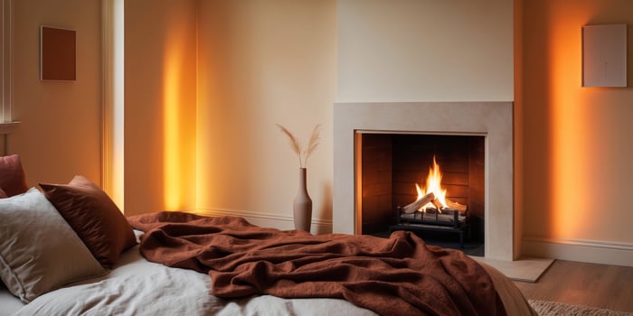 A bedroom with a fireplace and a bed photo