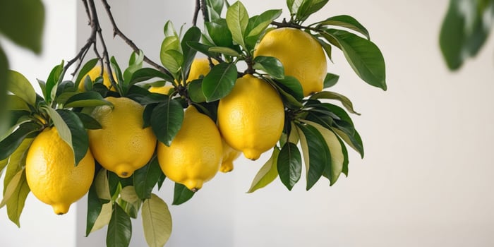 A bunch of lemons hanging from a tree photo