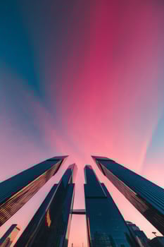 Tall buildings with pink sky and clouds in the background photo
