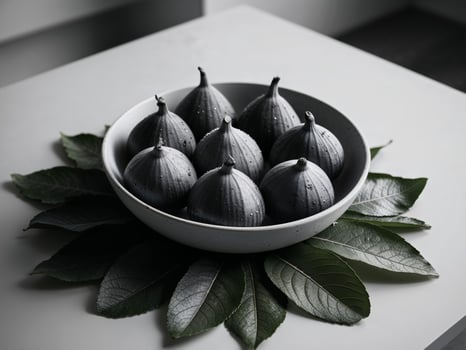 Bowl of Tasty Ripe Figs and Green Leaves on Light Table. photo