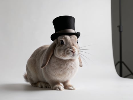 Charming rabbit in top hat posing on white backdrop. photo