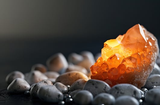 Vibrant orange crystal quartz on dark stones photo