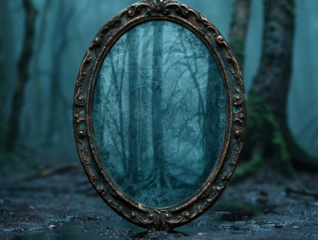 Antique mirror in a dark forest photo