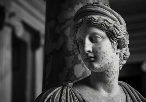 Weathered stone statue with intricate facial features photo