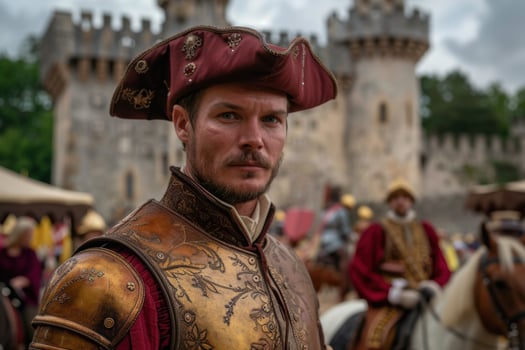 man in historical costume in front of castle photo