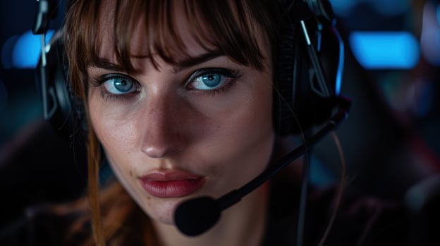 Intense gaze of a woman with striking blue eyes photo