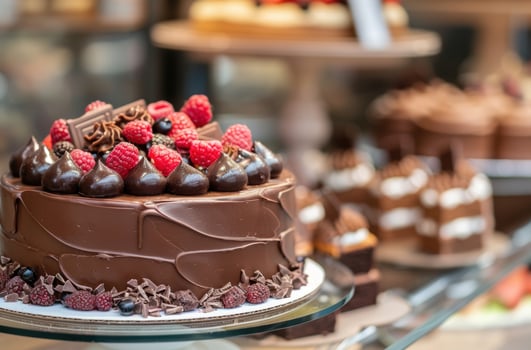 Decadent chocolate cake with fresh raspberries photo