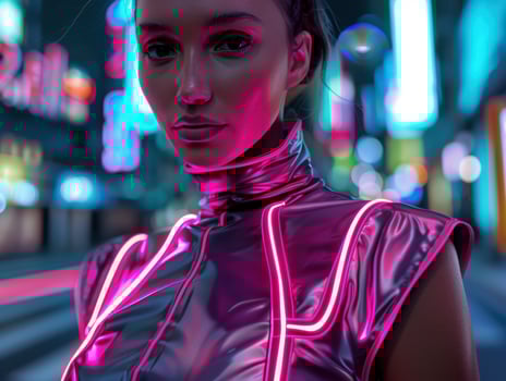 neon fashion portrait of woman in futuristic outfit photo