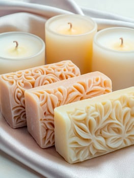 Decorative handmade soap bars and scented candles photo