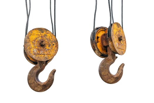 Crane Hook, closeup old grunge dirty metal hoist crane head hook isolated on white background. photo