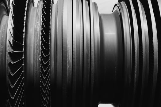 Turbine Blades, High Precision Advance Engineering. Large Fan blade Layers Steel Part Rotor In Jet Engine or Steam Power Plant. photo