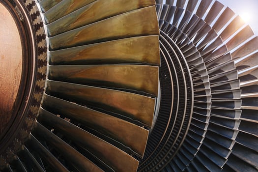 Turbine Blades, High Precision Engineering. Large Fan Stack Layer Metal Part Rotor In Jet Engine Or Steam Power Plant. photo