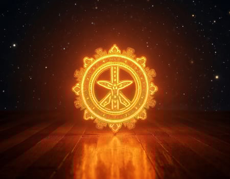 a glowing orange peace sign on a wooden floor with dark starry sky background photo