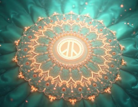 a peace sign is shown in a circle on a turqoise background photo