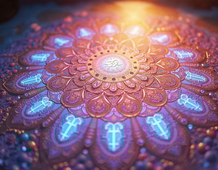 a colorful mandala design with a blue light shining through it and religious symbols with sun beams shinning on it photo
