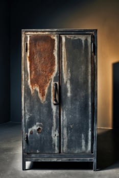 A Distressed Steel Cabinet and Door in a Dimly Lit Room. photo