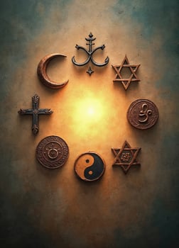 a circle of religious symbols with the sun shining in the grunge wall background photo