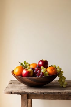 A wooden bowl filled with fruit sitting on top of a table. photo