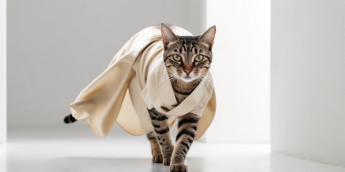 A fashionable common tabby cat walking towards the camera and wearing robes. photo
