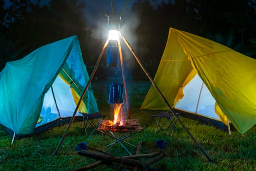 camping tent in the forest with green trees, camping in the forest at night, Small gas lantern on green grass photo