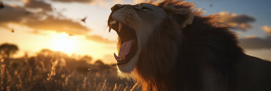 Majestic lion roars at sunset in the African savannah photo