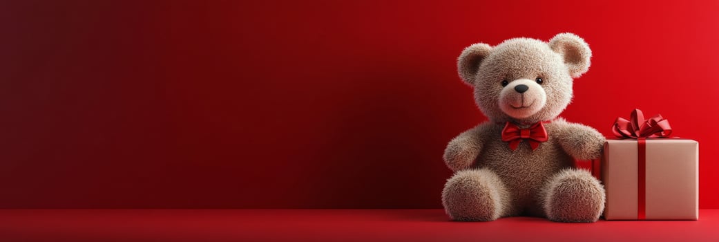 Soft bear beside a red gift box with a bow on a bright red background for festive occasions photo