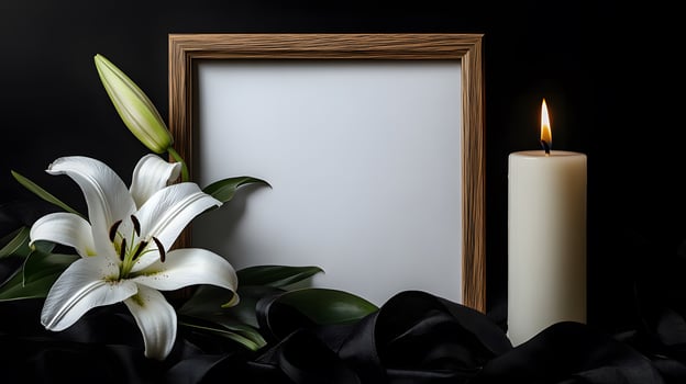 A black photo frame with a burning candle and a white lily on a table in a funeral home, symbolizing grief, remembrance, and honoring the departed.