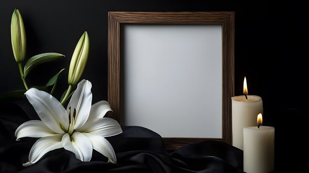 A black photo frame with a burning candle and a white lily on a table in a funeral home, symbolizing grief, remembrance, and a heartfelt tribute to the departed.