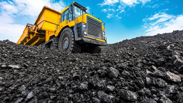 Heavy machinery transports coal at a mining site under a clear blue sky photo