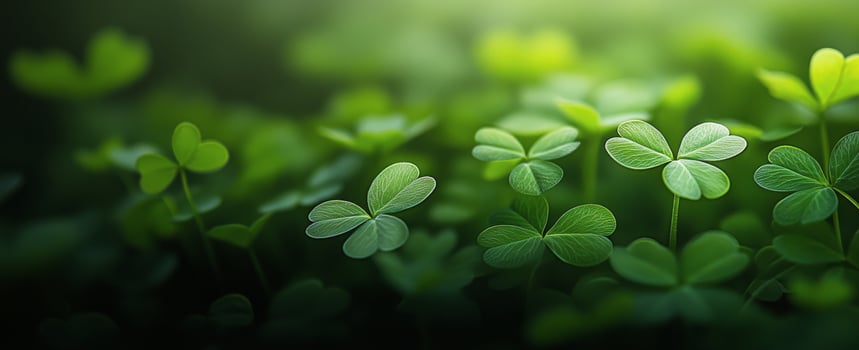 Fresh green clover leaves covering the ground in a serene landscape under soft sunlight photo