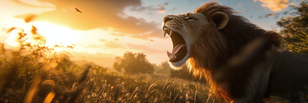 Majestic lion roars at sunset in the African savannah photo