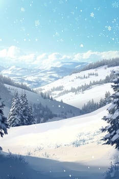 Winter landscape features snow covered hills and pine trees under a bright blue sky photo