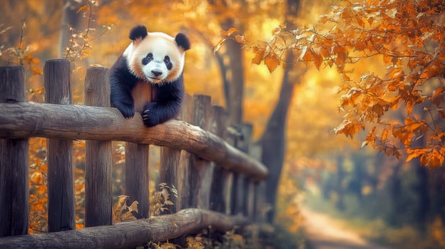 Panda resting on a wooden fence in a vibrant autumn forest with golden leaves photo