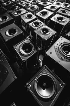 Collection of black speakers arranged in a geometric pattern on a neutral background photo