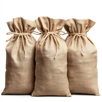 Three burlap sacks tied with string, perfect for decoration. isolated on white background. photo