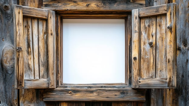 Rustic wooden window with open shutters revealing a blank wall in a charming country setting during daylight photo