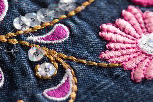Children's denim suit with embroidered patterns, macro, background photo