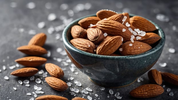 A bowl of salted almonds with scattered nuts on a dark surface. photo