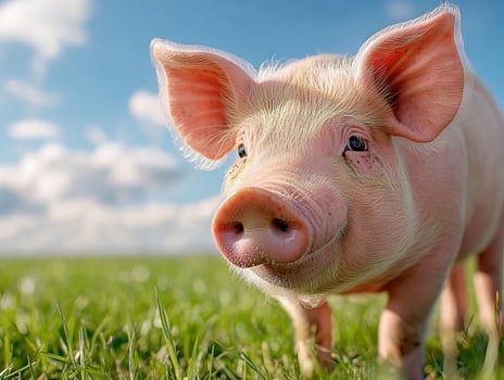 A small pink pig standing in a field of green grass photo
