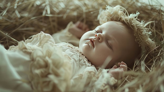 Baby Jesus is sleeping on a hay bale with a white cloth photo