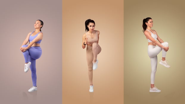 A fitness enthusiast engages in different exercises, showcasing her flexibility and form. She wears colorful workout outfits while training in a minimalistic indoor environment. photo