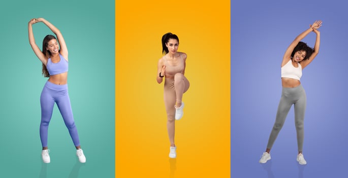 Three women perform different stretching exercises against bright, colorful backgrounds. Each showcases unique poses, contributing to a lively atmosphere focused on fitness and wellness. photo