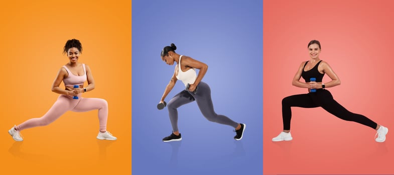 Three women perform different strength exercises with dumbbells against vibrant backgrounds. Each woman showcases various workout styles, promoting fitness and wellness. photo