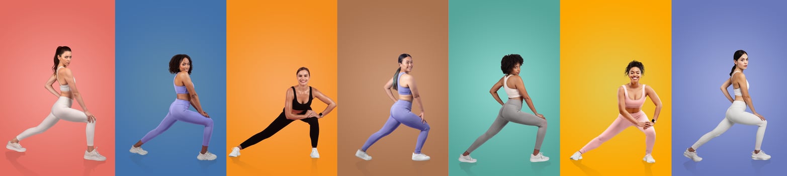 A group of women showcases various fitness poses, each set against a vibrant background. The models demonstrate strength and flexibility in coordinated athletic wear. photo