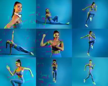 This vibrant setup features a woman engaging in different fitness routines, showcasing her strength and flexibility while wearing blue activewear in an energetic atmosphere. photo