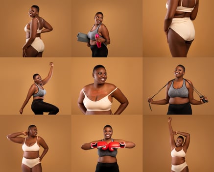 A confident African American overweight woman showcases various workout poses, from lifting weights to skipping rope, emphasizing strength and body positivity against a warm-toned backdrop. photo