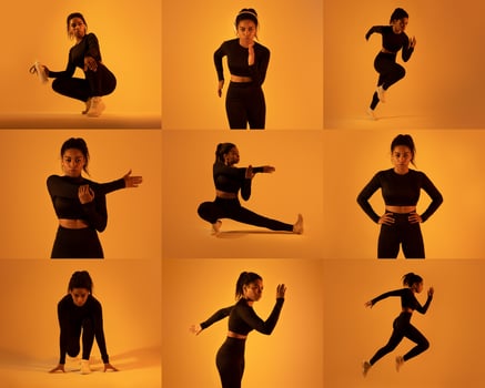 A fitness enthusiast black lady performs a variety of exercises in a warm amber-lit studio. The movements that highlight flexibility and strength, emphasizing dynamic action and energy. photo